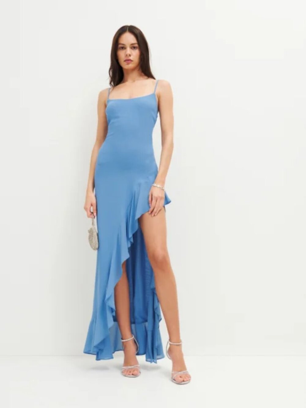 NWT Reformation Winola Dress in Azure Blue Maxi Adjustable Straps Ruffle Size M